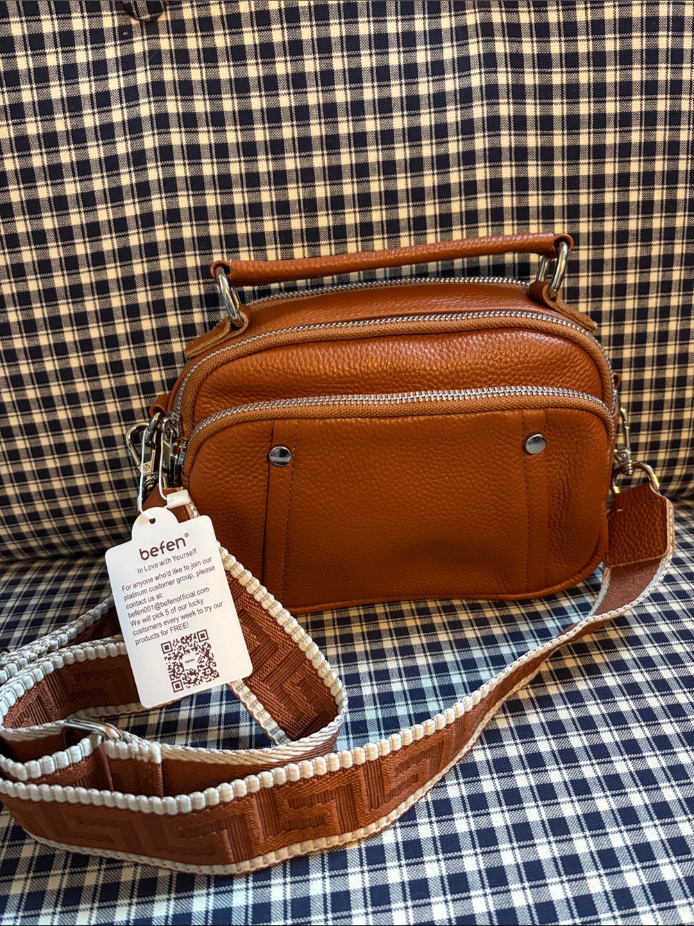 befen Tan Leather Crossbody Bag with Detachable Strap